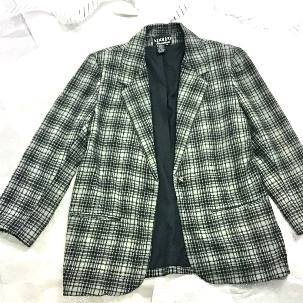 ADOLFO Vintage Black/Grey Plaid Wool Blend Blazer